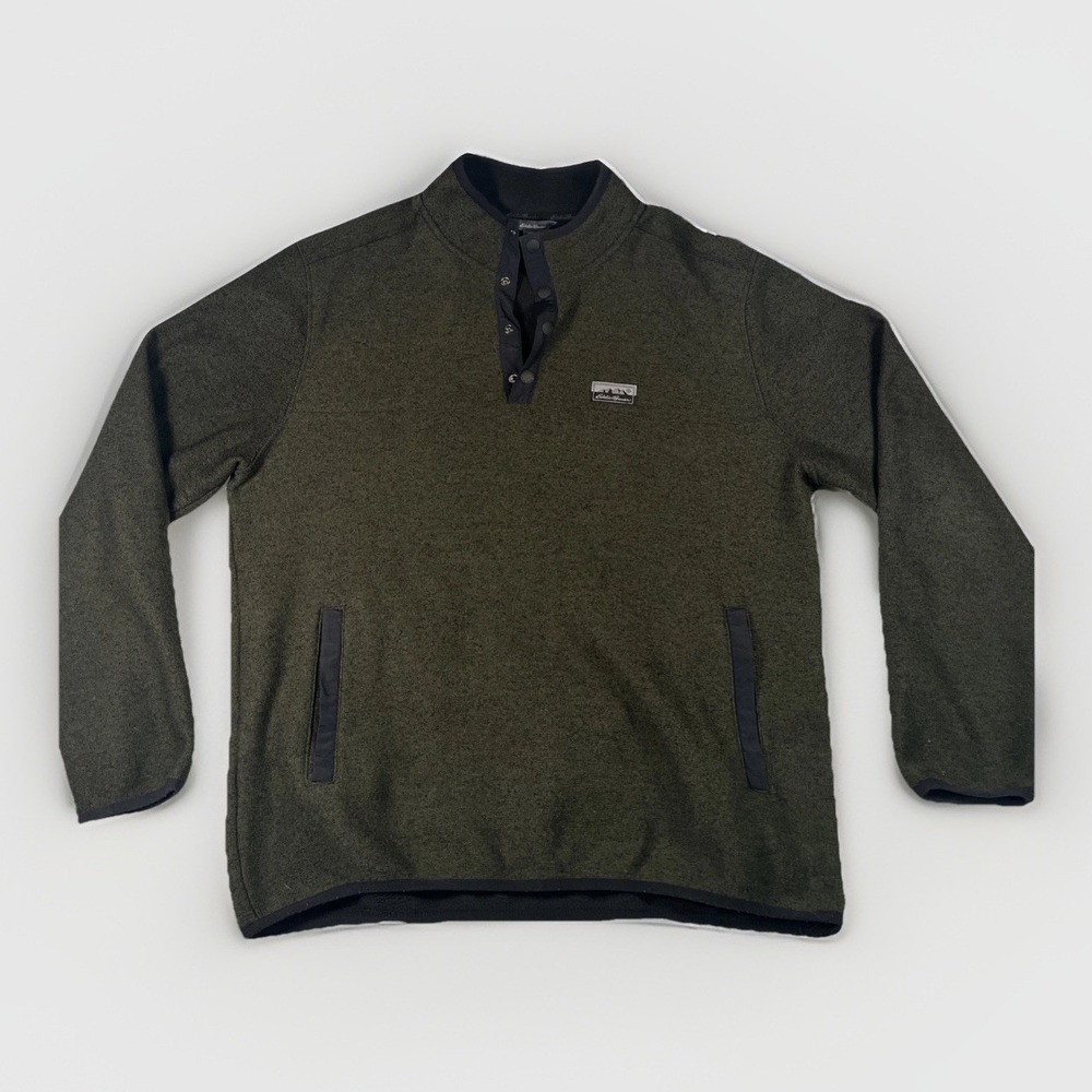 Eddie Bauer Green Sweater Mens Large Long Sleeve 1/4 Snap Pullover with  Pockets